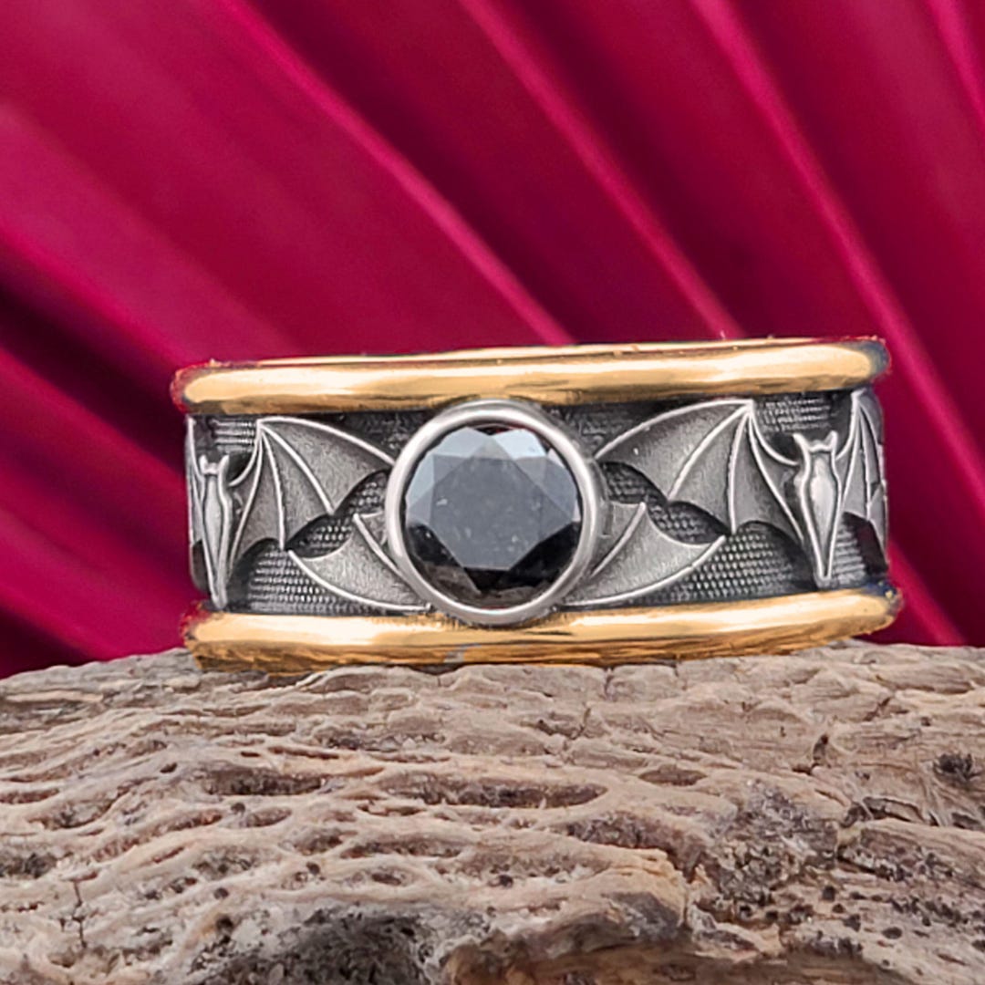 Gothic Bat Wide Solitaire Wedding Band Halloween Proposal Spooky ...