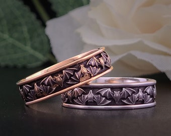 GOTHIC BAT Narrow Band Gift for Wiccan Wedding Pagan Present Engagement Ring Gift for Druid & Alternative Fashion Enthusiast Bat-Themed 10K