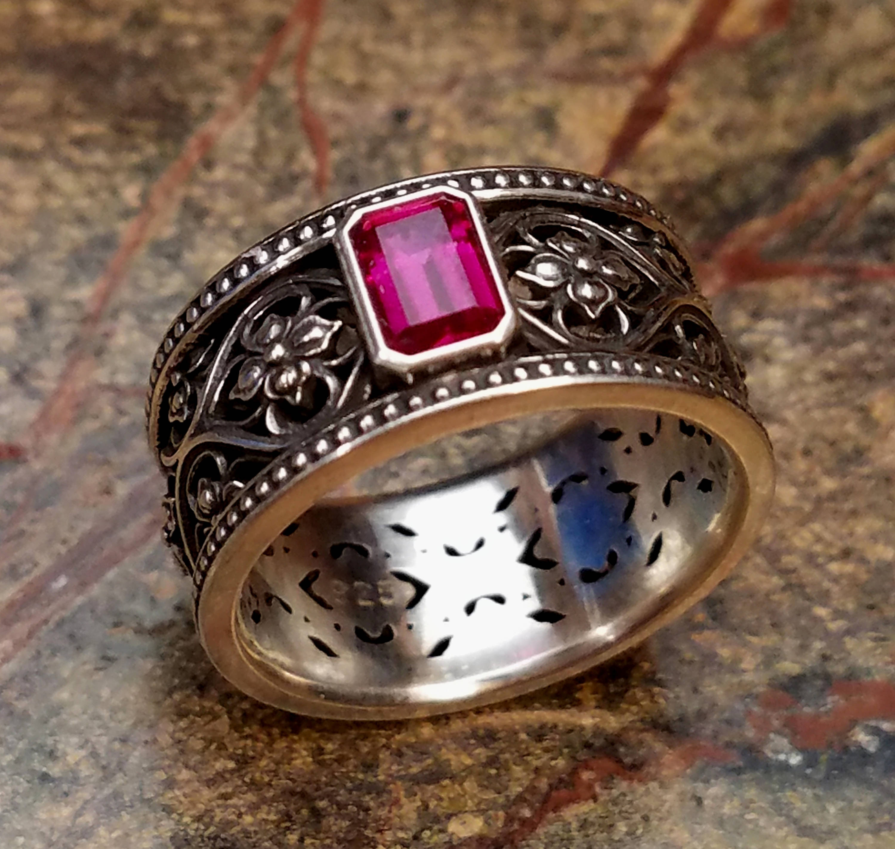 VALENCIA Intricate Gothic Wedding Band with Red Spinel Etsy