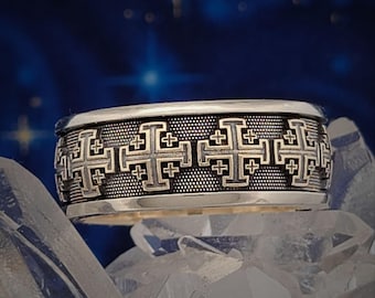 JERUSALEM CROSS 10K Wedding Ring Protestant Church Jewelry Christian Band Orthodox Baptism Present for Catholic Catechism Religious Gift