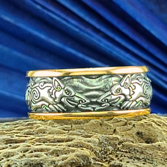 FENRIR WOLF RING Band Ring in Silver, Gold or 2-tone Celtic Wolf
