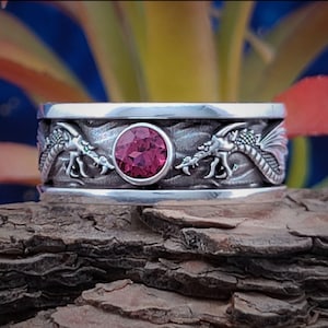Dragon Solitaire Ring, 5mm Ruby, Sterling Silver Fantasy Wedding Band
