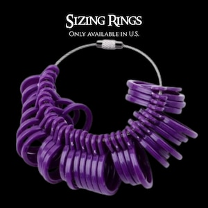 May include: A set of purple sizing rings on a silver wire, with the text "SIZING RINGS" and "ONLY AVAILABLE IN U.S." against a black background. The rings are arranged in a circular pattern, showcasing various sizes for jewelry measurement.