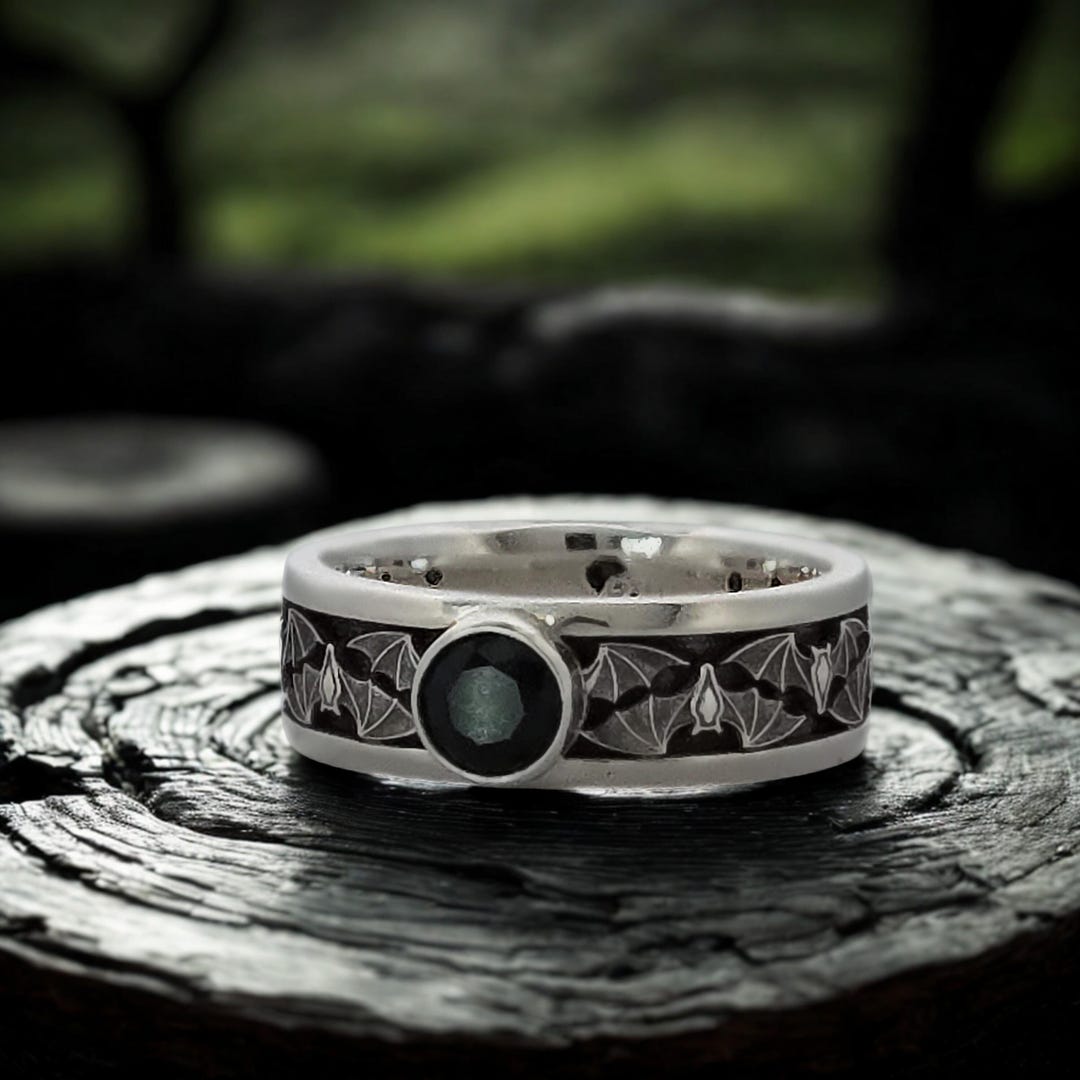 Gothic BAT NARROW Solitaire Wedding Band, Multiple Carved Bats Wrap ...
