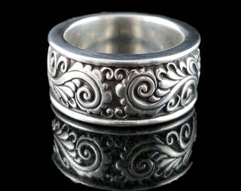 Alhambra Silver or Gold Band Ring, Engraved Floral, Victorian Gothic