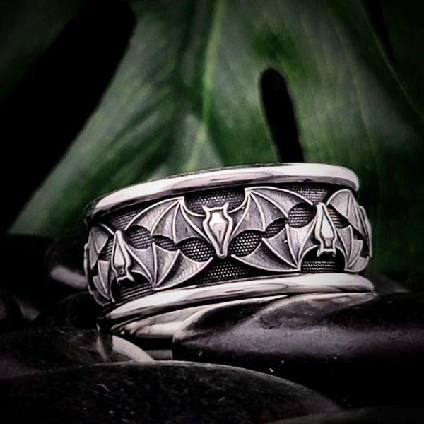 Gothic BAT WIDE STEEL Band Ring Halloween Wedding Witch Engagement Jewelry Dracula Vampires Pagan or Wiccan Ceremony Samhain Handfasting