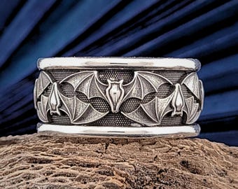 Gothic Bat Wide Ring - Alternative Wedding Band, Wiccan Jewelry