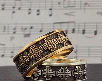 JERUSALEM CROSS Wedding Ring Protestant Church Jewelry Christian Gothic Band Orthodox Baptism Present Catholic Catechism Religio Ginft N10KT