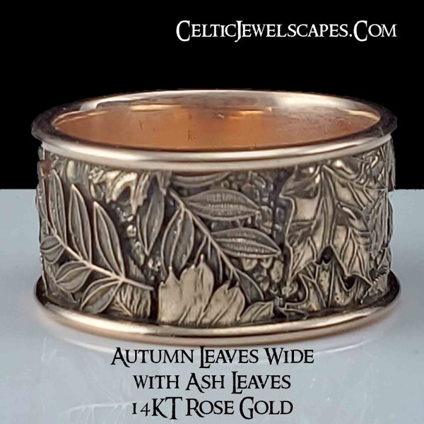 AUTUMN LEAVES WIDE in Silver, Gold or 2-Toned, Gothic Carved Fall Layered Forest Tree Leaves Maple Ash Oak Foliage Fall Colors