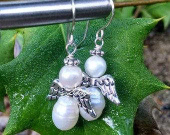 Guardian Angel Earrings/ Freshwater Pearl Necklace/ Catholic Jewelry/ Christian Gifts/ Religious Jewelry/ Pearl Angel Jewelry/ Birthday Gift