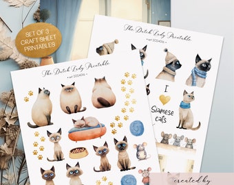 Printable Craft Sheets - Cute Siamese Cats Theme - Digital Scrapbook, Junk Journal & Decoupage Kit - Ephemera - Stickers - INSTANT DOWNLOAD