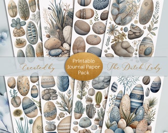 Pebbles & Plants PRINTABLE Decoupage Sheets, Digital Journal Paper Pack, Nature Beach Stone Rock Clipart, Scrapbooking Kit, INSTANT DOWNLOAD