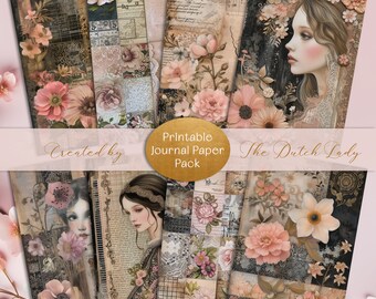 Flowers, Quilts & Faces PRINTABLE Journal Paper Pack, Digital Scrapbook Papers, Decoupage Sheets, Shabby Chic Floral Print, INSTANT DOWNLOAD