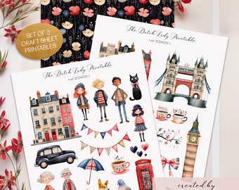 London PRINTABLE Craft Sheets, Cute Travel Theme, Digital Scrapbook, Junk Journal & Decoupage Kit, Ephemera, Fun Stickers, INSTANT DOWNLOAD