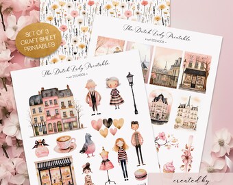 Printable Craft Sheets - Cute Paris Travel Theme - Digital Scrapbook, Junk Journal & Decoupage Kit - Ephemera - Stickers - INSTANT DOWNLOAD