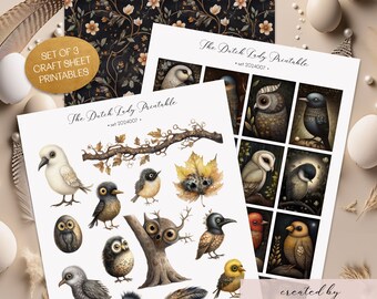 Printable Craft Sheets - Dark Garden Birds Theme - Digital Scrapbook, Junk Journal & Decoupage Kit - Ephemera - Stickers - INSTANT DOWNLOAD