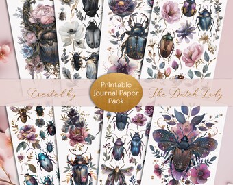 Victorian Beetles PRINTABLE Decoupage Sheets, Digital Junk Journal Paper Pack, Insects & Flower Clipart With Gold Accents, INSTANT DOWNLOAD