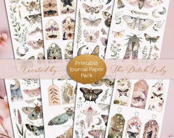 Moths PRINTABLE Decoupage Sheets, Digital Journal Papers, Book Of Shadows, Esoteric, Wiccan, Botanical Nature Moon Clipart, INSTANT DOWNLOAD