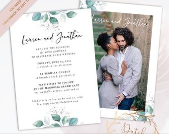 Wedding Invitation Photo Card Template - PSD Files - Watercolor Leaves - Do It Yourself Card - INSTANT DOWNLOAD - Double Sided Design #1