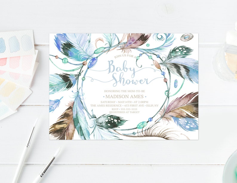 Baby Shower Invitation Boho Invitations Boy Invite Vintage 466