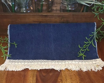 Denim Table Runner with Fringe Trim, Upcycled Denim