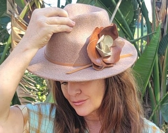 Leather Flower Hat Band, Boho Hat Accessory