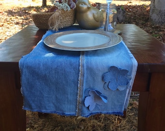 Upcycled Denim Table Runner with Denim Flowers, Handmade Farmhouse Decor