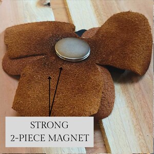 May include: Close-up of a brown leather patch with a strong 2-piece magnet attached. The magnet is round and silver.