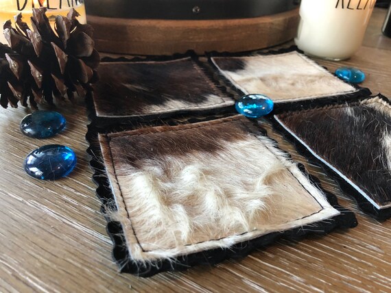 Brown And White Long Hair Cowhide Coaster Set Trivet Etsy