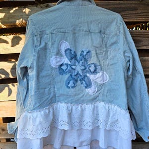 Trendy Upcycled Denim Jacket with Ruffles | Women's Fall Style