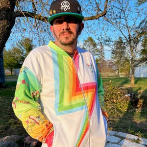 Tipsy Taco and Wasted Weenie — Unisex Bomber Jacket — drinking beer taco hotdog lgbtq lighting rainbow pride streetwear