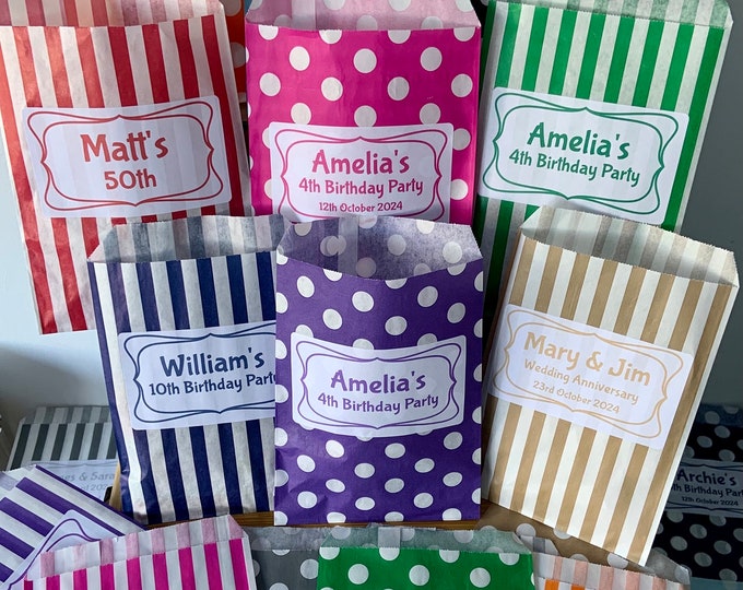 Personalised Candy Striped Polka Dot Wedding Favour Birthday Paper Sweet Bags