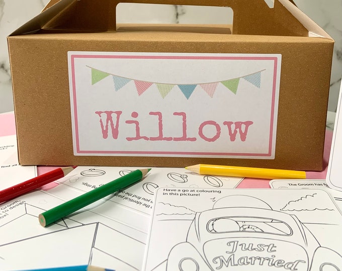 Personalised Single Children's Wedding Activity Kraft Brown Box - with activity pack & tissue paper
