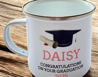 Personalised Graduation Mug | Congratulations Enamel Mug | Kids Graduation Gift | Nursery School Leavers Present | Choice of six colours