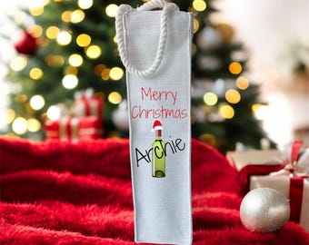 Personalised Christmas Bottle Bag | Wine Prosecco Gift Bag | Secret Santa | Linen Bag | Christmas Gift | Merry Christmas Name & Wine Bottle