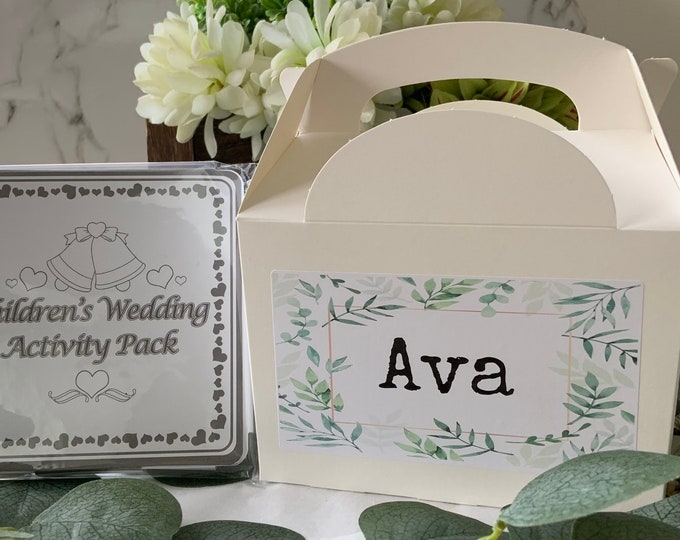 Personalised Children's Wedding Favour Gift Box with activity pack - eucalyptus design
