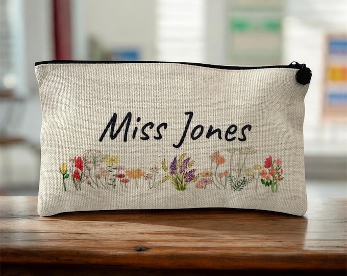 Personalised Teacher Pencil Case | Floral Linen Pouch, Thank You Gift