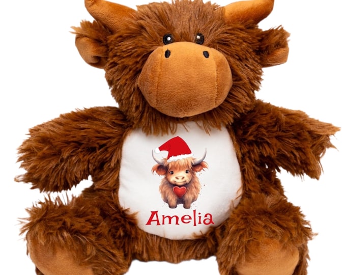 Personalised Christmas Highland Cow | Christmas Soft Toy | Cuddly Plush |  Size 27cm