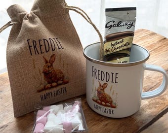 Personalised Easter Mug | Hot Chocolate Easter Treat Bag | Enamel Easter Bunny Mug | Easter Gift