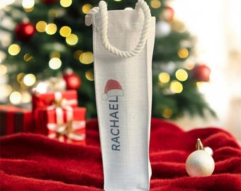 Personalised Christmas Bottle Bag | Wine Prosecco Gift Bag | Secret Santa | Linen Bag | Christmas Gift | Name and Santa Hat