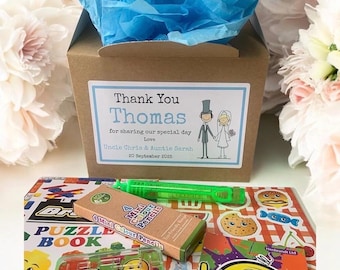 Personalised Children's Wedding Activity Kraft Brown Box with activity pack, sweets & tissue paper