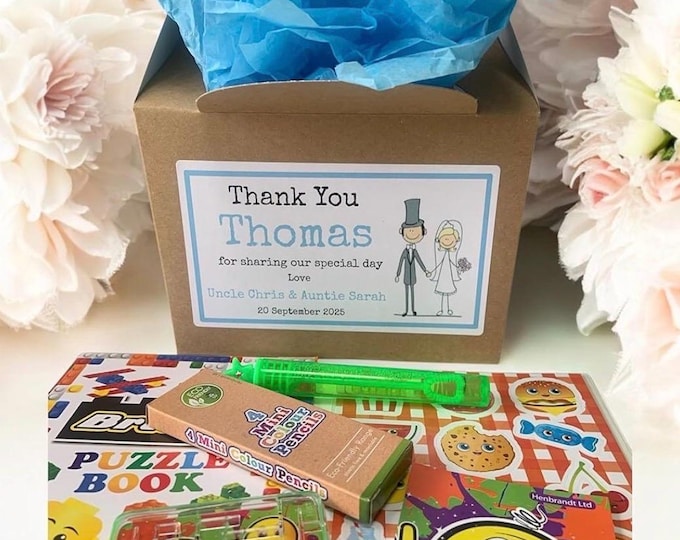 Personalised Children's Wedding Activity Kraft Brown Box with activity pack, sweets & tissue paper