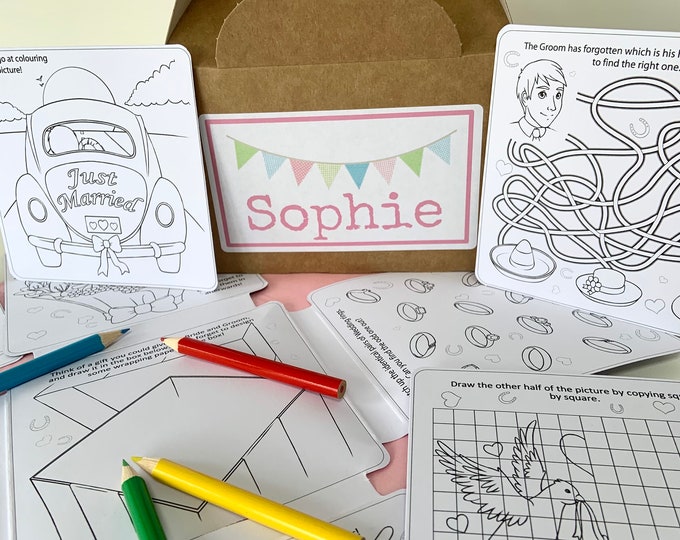 Personalised Children's Wedding Activity Kraft Brown Box - with activity pack, pencils & tissue paper
