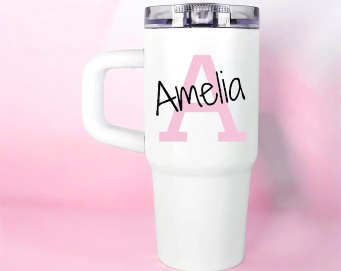 Personalised Tumbler with Handle, 14oz, Custom Name Initial, Spill Resistant Lid