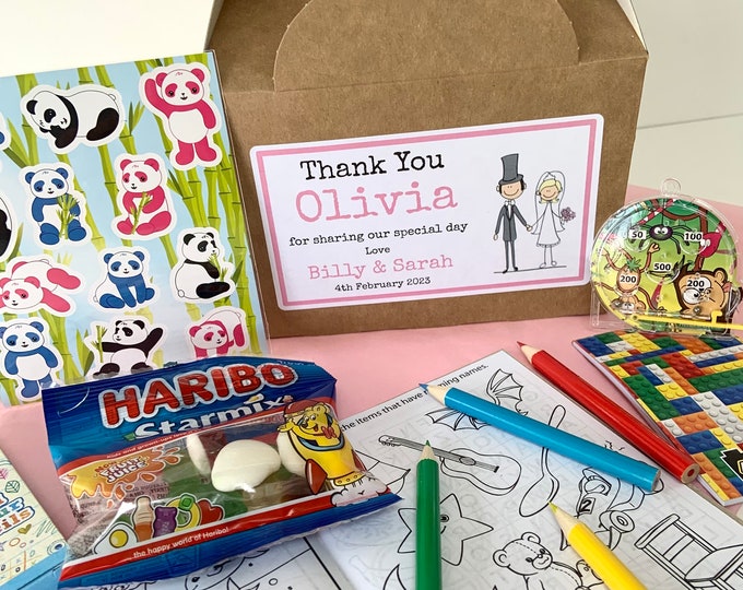 Personalised Children's Wedding Activity Kraft Brown Box with activity pack, sweets & tissue paper