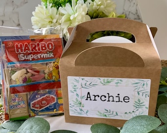 Personalised Children's Party Gift Box with activity pack - Kraft Brown eucalyptus design - weddings/birthdays/christenings