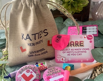 Hen Party Bag | Personalised & Filled | Rustic Jute Hessian Drawstring Bag | Hen Night | Novelty Fillers