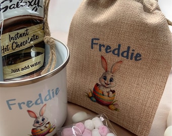 Personalised Easter Mug | Hot Chocolate Easter Treat Bag | Enamel Easter Bunny Mug | Easter Gift