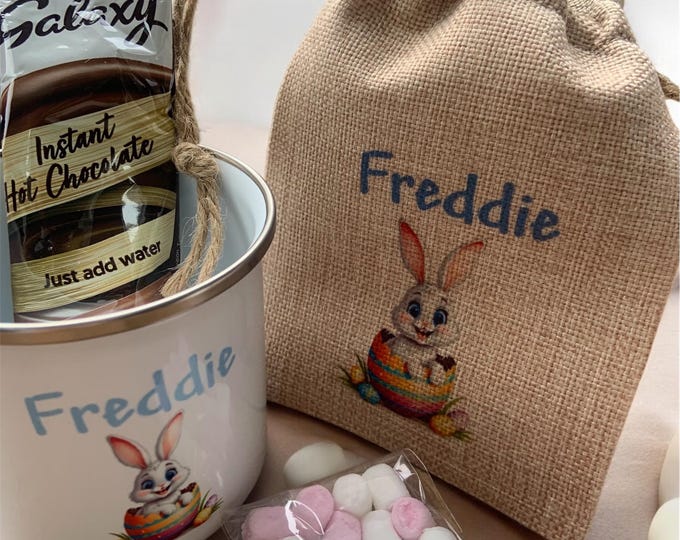 Personalised Easter Mug | Hot Chocolate Easter Treat Bag | Enamel Easter Bunny Mug | Easter Gift
