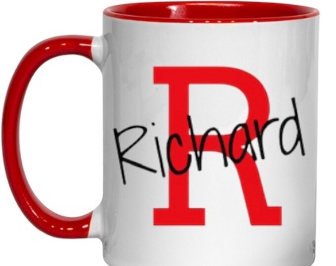 Personalised Mug | Coloured Inner and Handle Mug | Stylish Initial with Name | Birthday Mug | 11oz Coffee/Tea Cup